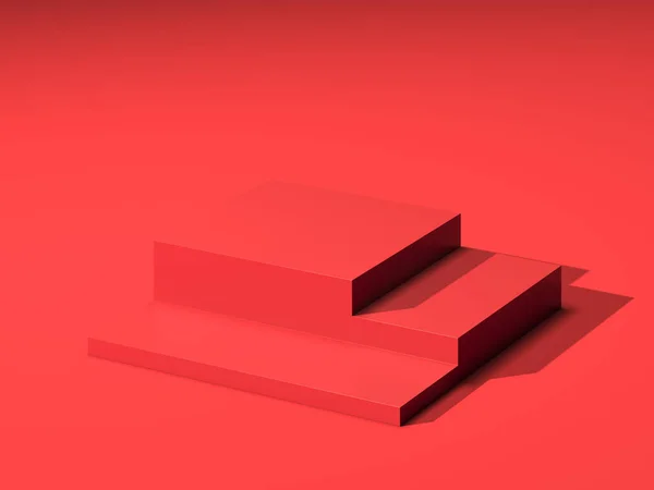 Drei rote, leere rechteckige Vitrinen mit Leerraum auf rotem Hintergrund. 3D-Darstellung. Minimalismus-Konzept. Kopierraum — Stockfoto