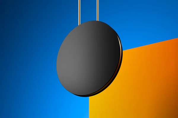 Blank Black Round Signboard Mockup. Modelo vazio da sinalização no fundo multicolorido abstrato das cores laranja e azul. Sinal de rua, renderização 3d — Fotografia de Stock