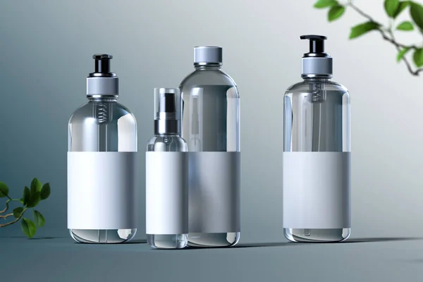 Ensemble cosmétique de bouteilles transparentes en verre sur fond gris. Modèle vierge de contenants de produits de beauté : distributeur, bouteille. Rendu 3d. — Photo