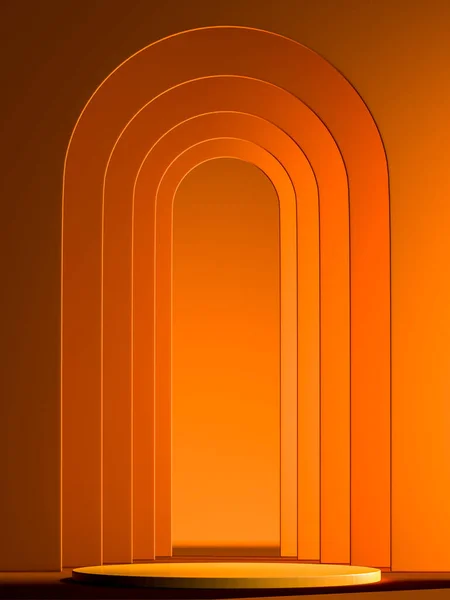 Помаранчева кругла вітрина з порожнім простором на п'єдесталі поблизу оранжевої геометричної арки. Копіювати простір. Порожній простір. 3D візуалізація — стокове фото