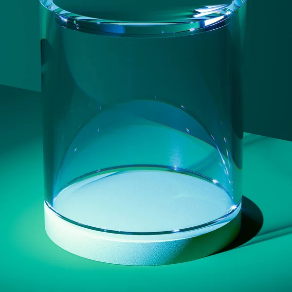 2010 년 6 월 27 일에 확인 함 . Modern Showcase With Glass And Empty Space On Pedestal on Green Background. 3d 렌더링. 미니멀리즘. 복사 공간. 빈 공간. — 스톡 사진