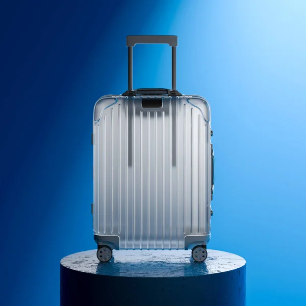 Close Up Of Gray Metallic Blank Modern Suitcase on Blue Background And Glossy Showcase. 3d Rendering. Copy Space. Empty Space — Stock Photo, Image