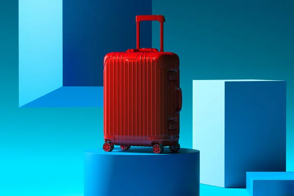 Närbild av röd blank modern resväska på blå geometrisk bakgrund och Showcase. 3D-återgivning. Uppfattat Space. Tomrum. — Stockfoto