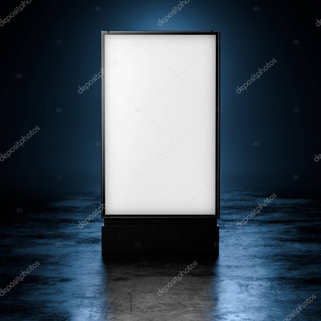 Blank White Illuminated Outdoor Banner Stand At Dark Ambience. Empty Space. Copy Space. 3d rendering.