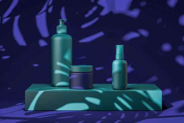 Grüne matte Flaschen auf Volet Hintergrund mit Schatten von exotischen Pflanzen. Leere Verpackungsvorlage für Schönheitsprodukte: Spender, Flasche, Sahnegefäß. 3D-Darstellung — Stockfoto