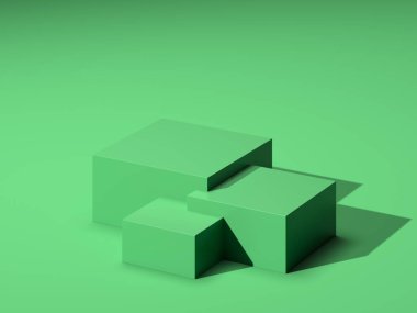 Yeşil Arkaplanda Boş Alan olan Üç Yeşil Boş Foursquare Showcase. 3D görüntüleme. Minimalizm kavramı. Boşluğu Kopyala