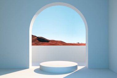 Çöl manzaralı, büyük kemer penceresinin yanında yuvarlak vitrinli parlak bir oda. 3d oluşturma