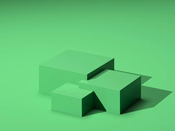 Три зеленых пустых квадратных витрины с пустым пространством на зеленом фоне. 3D рендеринг. Концепция минимализма. Копировальное пространство — стоковое фото
