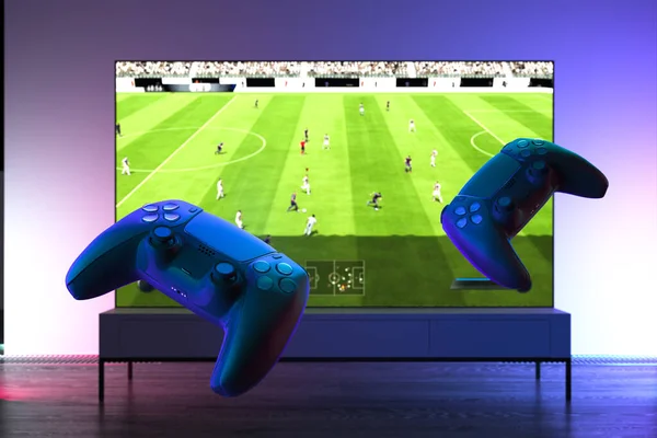 Zwei kabellose Joysticks schweben im Vordergrund, moderner Fernseher mit Fußballvideospiel im Hintergrund. 3D-Darstellung — Stockfoto