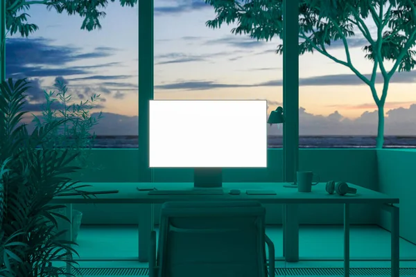 PCブランクホワイトモニター、キーボード、コンピュータマウス、夕日と風景の美しい景色と窓の近くの机の上のヘッドフォン。緑の光に照らされた部屋。3Dレンダリング. — ストック写真