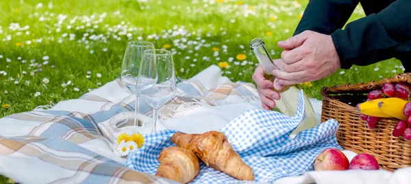 Picnic sulla palana verde nel parco. Un uomo apre una bottiglia di vino. Cena romantica nella natura. Spazio libero per il testo. Primavera in Olanda. Bandiera — Foto Stock