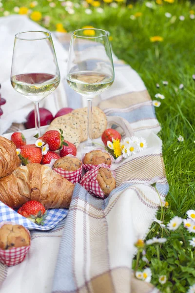 Due bicchieri di vino e frutta. Mangiare su erba verde e plaid. Primavera e vacanza. Posto per testo . — Foto Stock