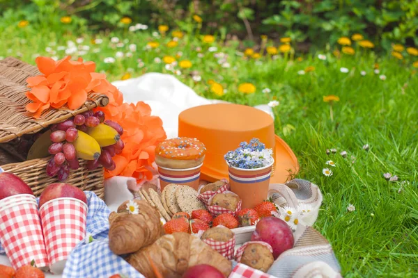 Picnic in the celebration of the kings day. Lunch in the garden. Basket for a picnic, Fruits and pastries. Orange hat. Spring in the Netherlands. Postcard and text. — Stock Photo, Image