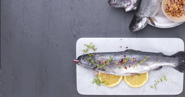 Çiğ balık. Alabalık limon ve beyaz bir taş gemide baharat. Gri arka plan. Metin için özgür yer. kopya alanı. düz yatıyordu. afiş