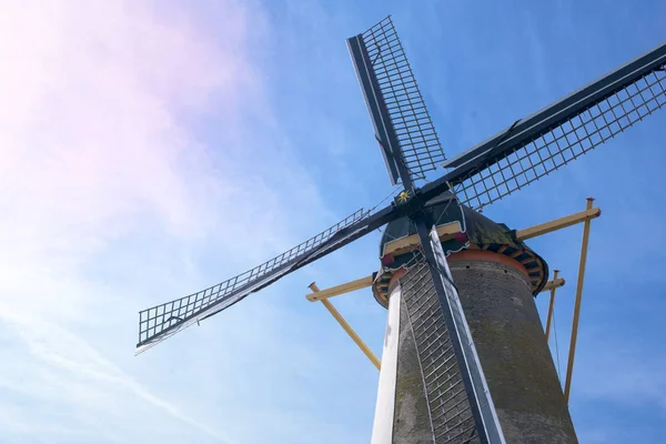 Eski değirmen ve mavi gökyüzü Hollanda. Metin için özgür yer. Avrupa'da seyahat kartı.