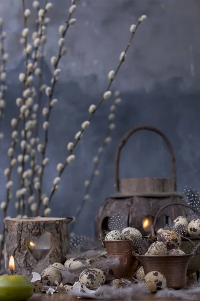 bıldırcın yumurtası ve küçük bir vintage kova tüyler bir sürü. Bahar dekor ve yumurta. Koyu arka plan ve metin için yer.