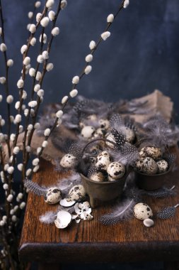 Bıldırcın yumurtası ve tüyler Vintage küçük kovalar. Söğüt ağacı dalı. Bahar dekor ve yumurta. Koyu arka plan ve metin için yer. Kopyalama alanı.