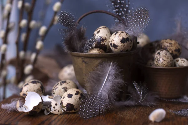 Bıldırcın yumurtası ve tüyler Vintage küçük kovalar. Söğüt ağacı dalı. Bahar dekor ve yumurta. Koyu arka plan ve metin için yer. Kopyalama alanı.