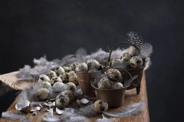 Bıldırcın yumurtası tüylü. Karanlık fotoğraf. Fotoğraf bir rustik tarzda. Yumurta Paskalya için. Metin için boş alan.