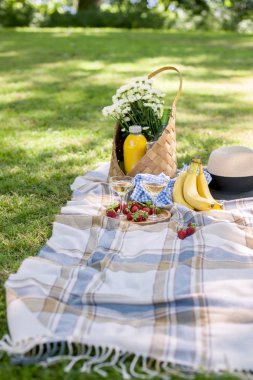 Bir gün güneşli yaz yeşil çim parkta piknik. Çiçekler, sepet, şarap gözlük ve bir battaniye. Uzay kopyalayın. Düz yatıyordu.