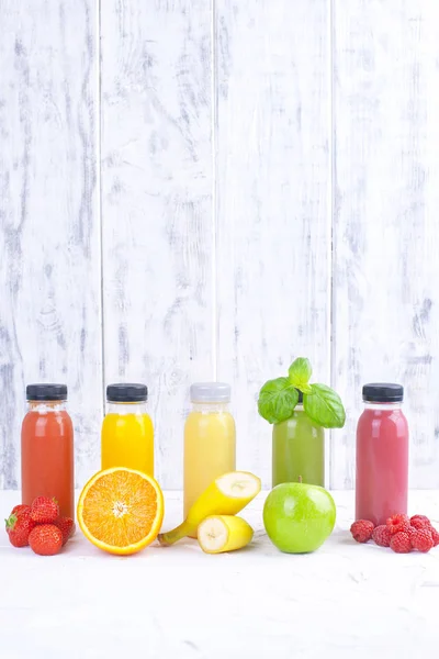 Organic cold-pressed raw vegetable juices in glass bottles. Vitamin and healthy food. Copy space