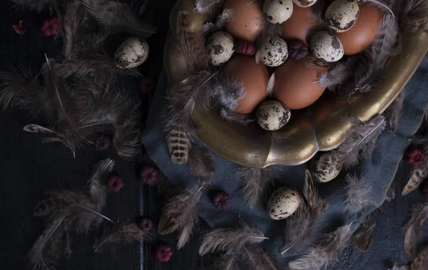 Vintage Fotoğraf, tavuk ve Bıldırcın yumurta ve tüyler. Paskalya. Fotoğraf bir rustik tarzda. Kopya alanı