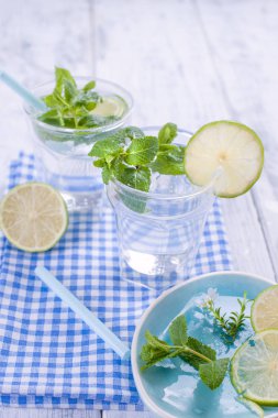 İki bardak su ve taze yeşil nane ve limon. Bir ahşap zemin üzerinde mavi bir peçeteye. metin veya bir kartpostal için boş alan.