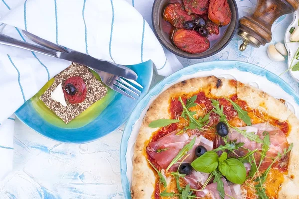 Italian Food Table Pizza Antipasto Beautiful Serving Family Dinner Olives — Stock Photo, Image