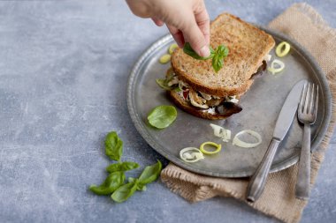 Fesleğen ve vintage bir plaka üzerinde peynir ile öğle yemeği için atmak. Kopya alanı