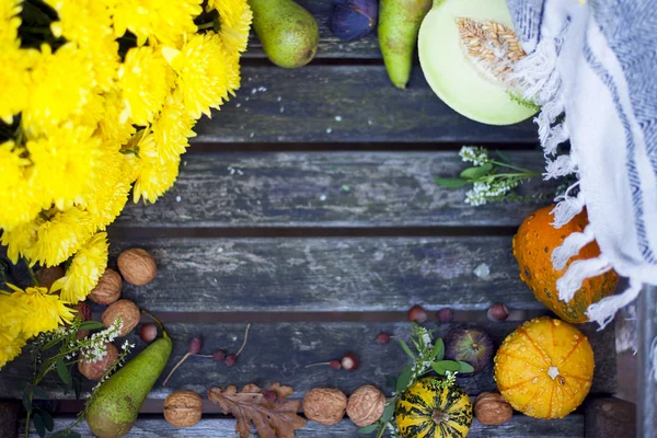 Осіння природа. Падають фрукти на дровах. Подяки. осінні овочі на старому стільці в саду, вільний простір для тексту, жовті квіти — стокове фото