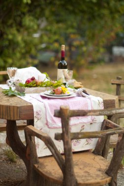Öğle Yemeği romantik sonbahar Bahçe, tatil ve coziness atmosfer. Sonbahar yemek şarap ve meyve ile açık havada. Çiçek ve nar ile dekor tablo. Vintage Fotoğraf.