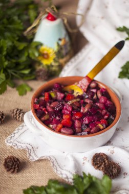 Geleneksel Rus salatası sebze, mor salata dan. Kopya alanı