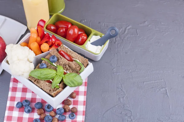 Almuerzo escolar en el contenedor. Sandwich con queso y verduras, fruta y jugo fresco. Un almuerzo saludable para los niños. Vista superior . —  Fotos de Stock