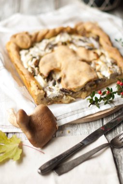 Lezzetli ev yapımı pasta mantar ve peynir. İyi hamur işleri. Üstten görünüm.