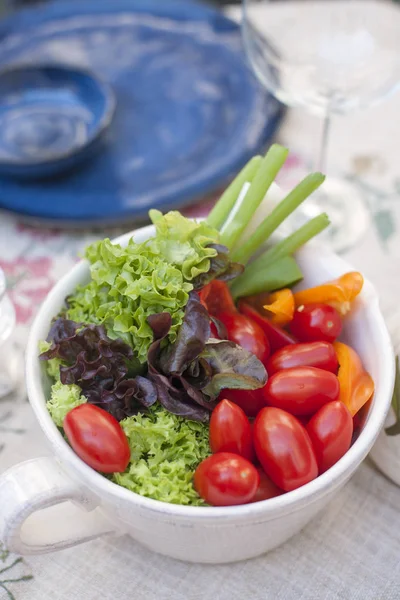 Zeleninový salát v šálku na jídelním stole. Ingredience pro letní salát. Vitamíny a výhody. Kopírovat prostor. — Stock fotografie