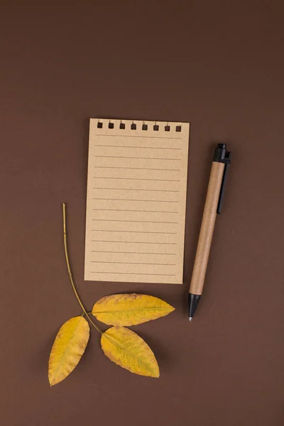 Otwieramy Notatnik notatek na brązowym tle. Biuro planowania. Ilość wolnego miejsca dla tekstu. Jesienna atmosfera i żółte liście. Widok z góry. Flay lay. Miejsce. — Zdjęcie stockowe