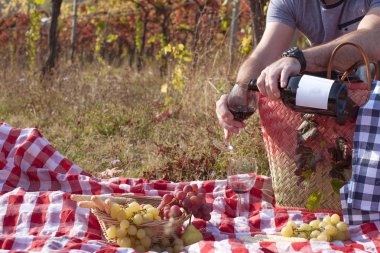 İtalya tepelerinde piknik gün batımında. Üzüm bağları ve sonbaharda açık yapısı. Romantik bir akşam yemeği, bir adam bir kadeh kırmızı şarap dökülen. Metin için özgür yer. Kopya alanı