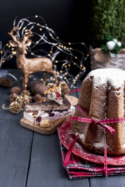 Italian Pandoro Christmas Cake Lemon Cream Decor Sweets Christmas Bokeh — Stock Photo, Image