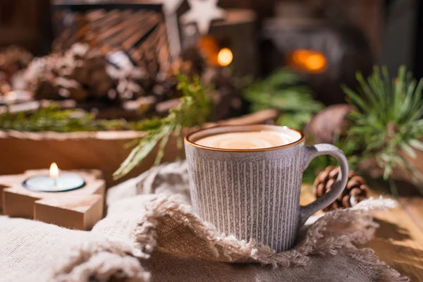 Fresh Aromatic Coffee Christmas Decor Cozy Festive Atmosphere Candles Drinks — Stock Photo, Image