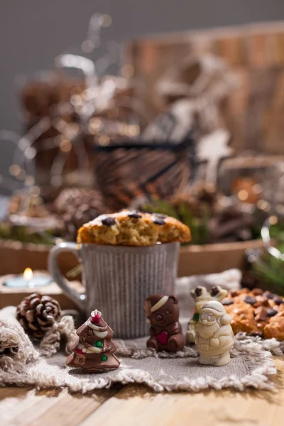 Fragrant Coffee Chocolates Form Christmas Figures Cookies Hot Drink Holiday — Stock Photo, Image