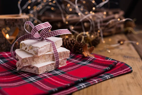 Nougat Almonds Holiday Evroppe Christmas Sweets Nuts Decor Free Space — Stock Photo, Image