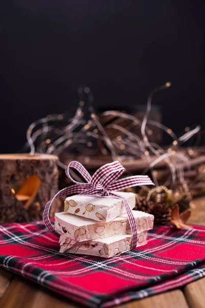 Nougat Almonds Holiday Evroppe Christmas Sweets Nuts Decor Free Space — Stock Photo, Image