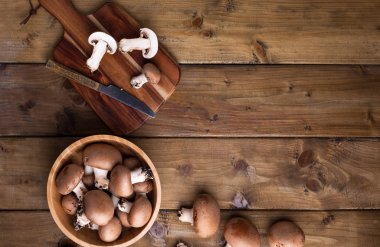Şampiyon mantarları, yağmalama hasırları ve ahşap arka planda baharatlar. Ahşap tabaklar. Kır tarzında bir fotoğraf. Mesaj için yer. Köy fotoğrafı konsepti.