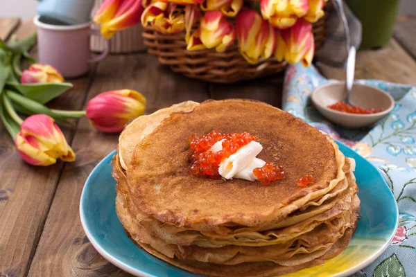 Pancakes Caviar Butter Bouquet Fresh Tulips Wooden Background Traditional Russian — Stock Photo, Image