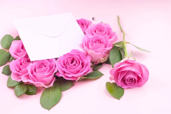 Bouquet Pink Roses Petals Pink Background Letter Text Surprise Concept — Stock Photo, Image