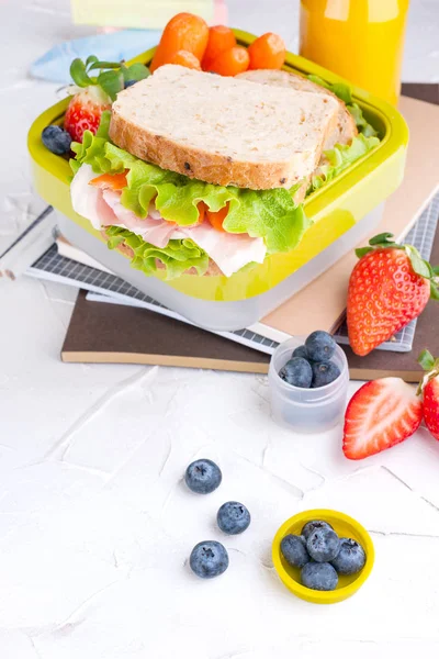 Caja con almuerzo escolar y una botella de jugo. Sandwich de queso y lechuga, bayas frescas para comida para bebés y libros. Fondo claro y espacio para texto. Copiar espacio . —  Fotos de Stock