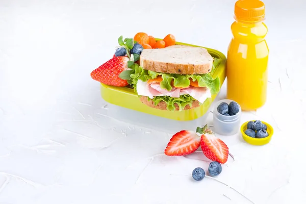 Box with school lunch and a bottle of juice. Sandwich with cheese and salad, fresh berries for baby food. Light background and space for text. Copy space, — Stock Photo, Image