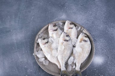 Gri taşlı arka planda çiğ balık. Diyet foo için taze yiyecek.