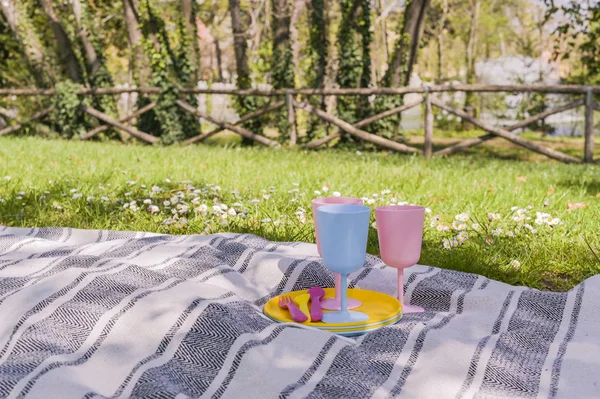 Colored plastic picnic utensils. Sunny day in the park and green