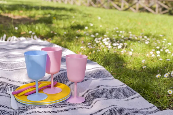 Colored plastic picnic utensils. Sunny day in the park and green